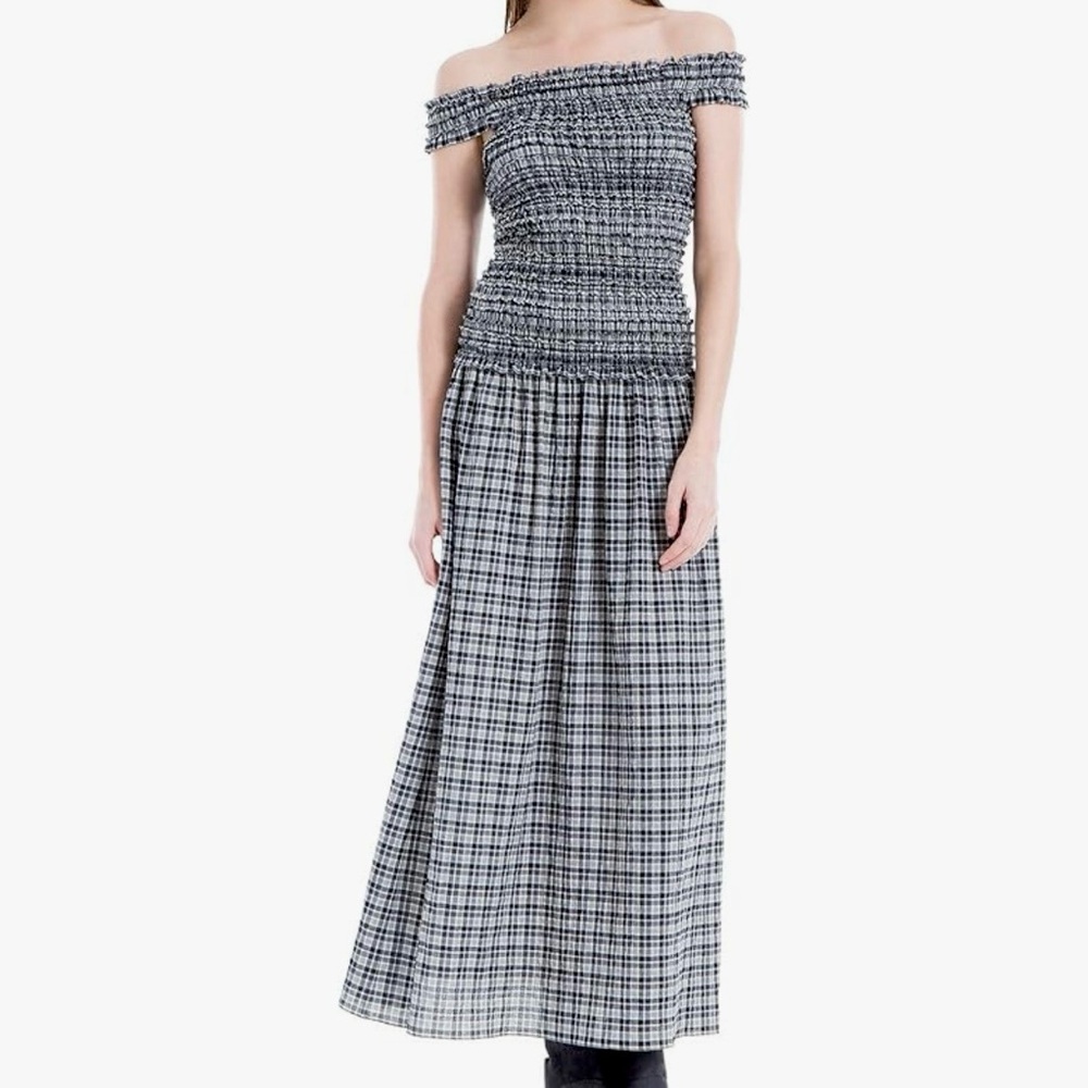 Off-Shoulder Smocked Plaid Maxi Dress in Black and White